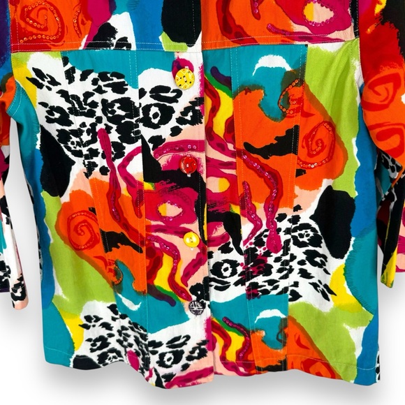 Y2K VTG Choices Maximalist Colorful Multicolor Print Sequin Denim Jacket, Size S - Picture 4 of 8